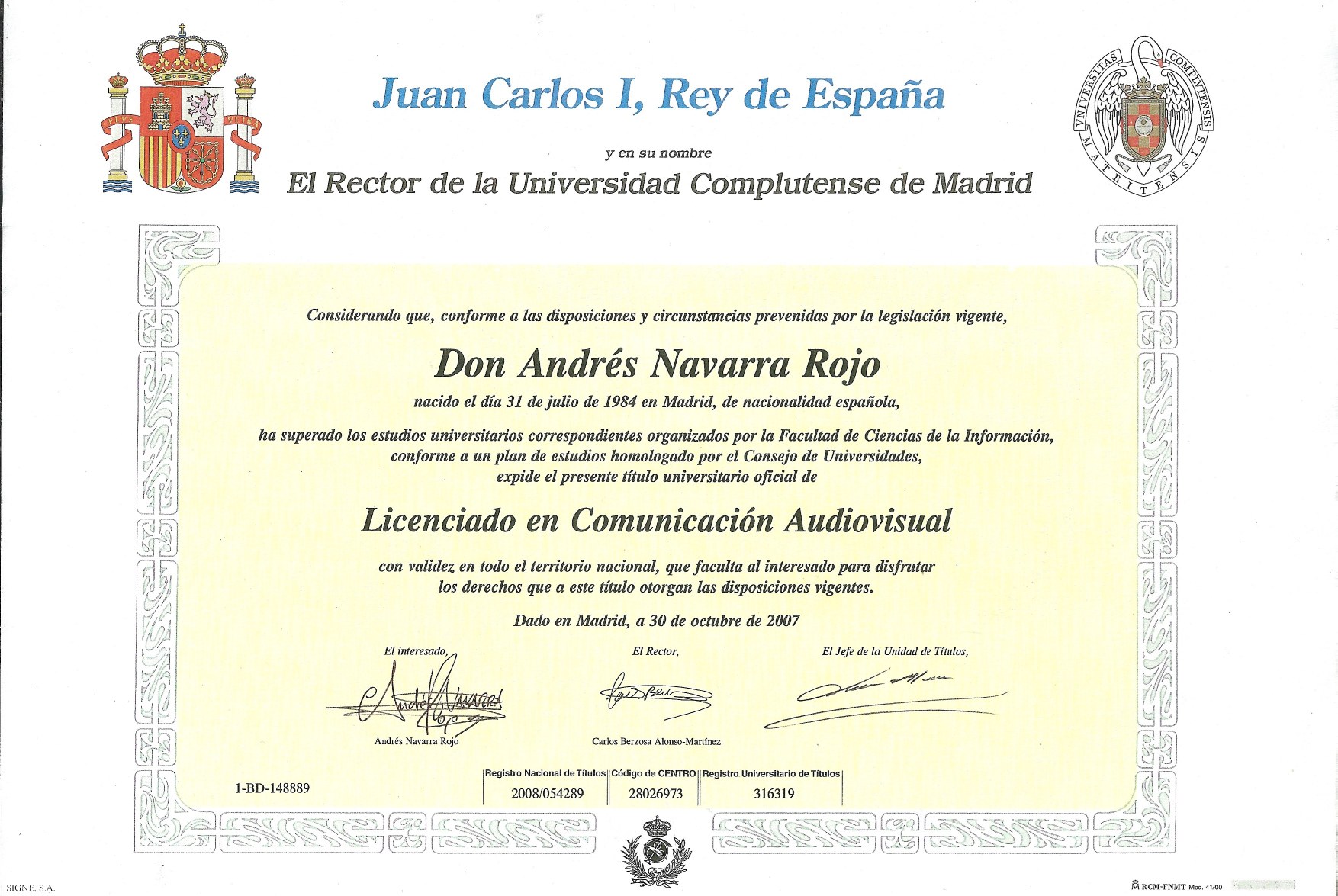 Título de Licenciado en Comunicación Audiovisual, Universidad Complutense de Madrid