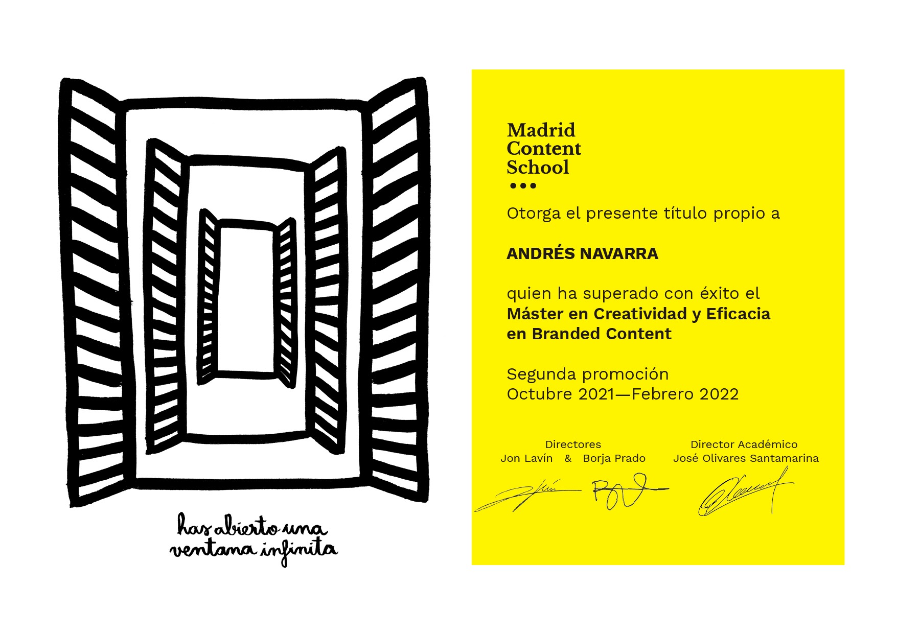 Título del Máster en Creatividad y Eficacia en Branded Content, Madrid Content School